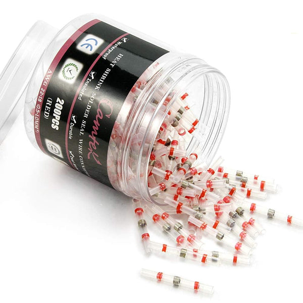 200PCS Red Solder Seal Wire Connectors, 22-18 AWG, Waterproof Insulated Electrical Butt Splice Terminals
