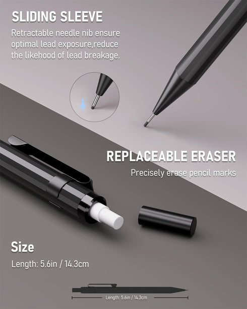 Four Candies Metal Mechanical Pencils, 0.5 & 0.7 mm, 2PCS with Dual Spring, Lead Refills, Erasers for Writing