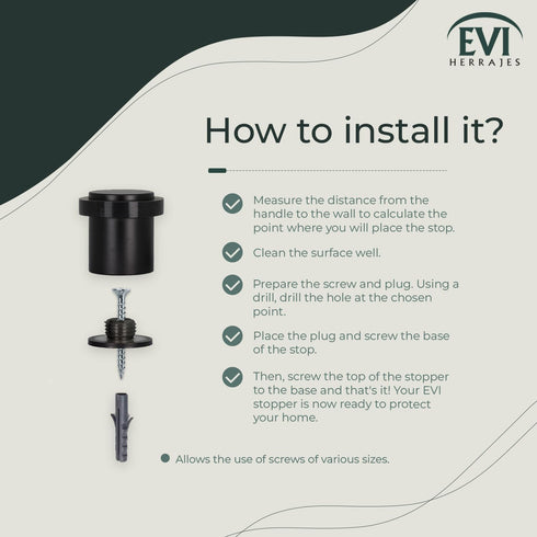 EVI Pack of 2 Door Stoppers | Black Stainless Steel Stopper - Screw Fastening with Black Rubber Protector