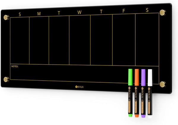 Yeoux Black Glass Golden Weekly Dry Erase Calendar Whiteboard 23x9.5" for Home Office, 7 Days Planner, 4 Markers