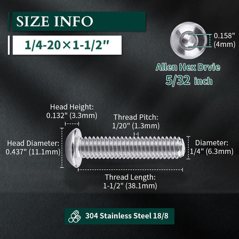 1/4-20 x 1-1/2" Button Head Socket Cap Bolts Screws, 304 Stainless Steel 18-8, Allen Hex Drive, Bright Finish, Pack of