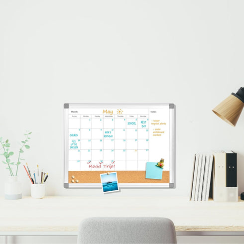 Upgraded Monthly Calendar Dry Erase White Board & Cork Bulletin Board, 13" x 17" Aluminum Frame, Magnetic Surface