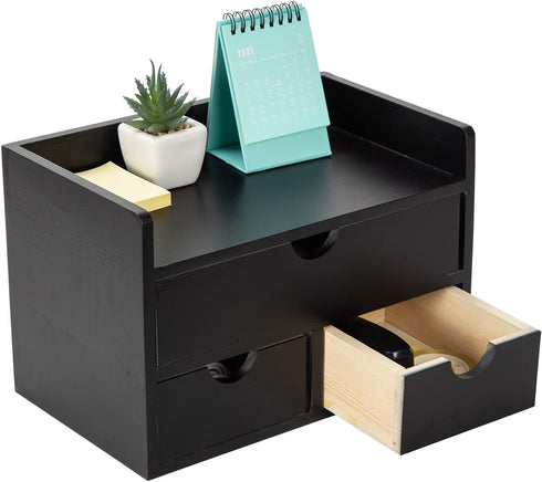Black Bamboo Desk Organizer - Wooden Storage Cabinet with 3 Drawers and Shelf for Home Office Workspace Organization