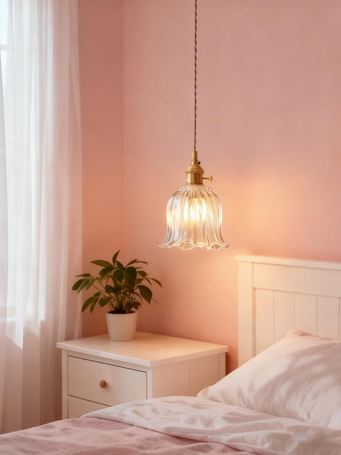 YJQHXY 6.56 E26 Hardwired Pendant Light with Flower Glass Shade Adjustable FT Twisted Cord, Socket, Brass Finish