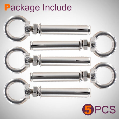 M8* 100 mm Expansion Screw with Eye Ring Anchor, 304 Stainless Steel 5 Pack (Ring Lifting Expansion Eyebolt)
