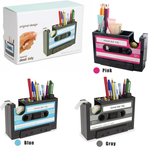 Tape Dispenser with Pen Holder - Retro Cassette Heat Tape Dispenser, Cute Roll Holder with Paperclips for Office Storage