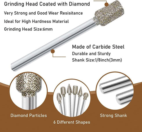 Stone Carving Set Polishing Diamond Burrs, Rotary Tools Accessories Grinding Burrs with 1/8 inch Shank For Carving, Engraving, Grinding, Polishing Stone, Glass, Jewelry, Ceramics, Rock