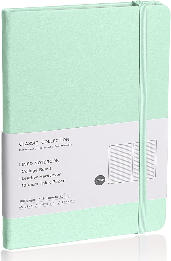 Lined Journal Notebook, Medium 5.7" x 8", 160 Pages, Eggshell Green, Hardcover, 100 gsm Thick Paper