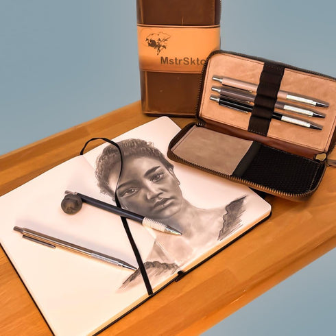 Premium Metal Drawing Mechanical Pencils - Sketching in Leather Pencil Case, 2mm Lead Refills, Kneaded Eraser
