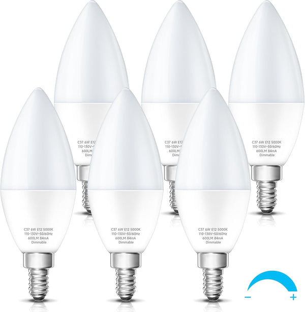 KINDEEP LED Candelabra Light Bulbs, Dimmable 60 Watt Equivalent, Daylight 5000K, E12 Base (6 Pack)