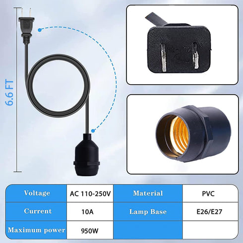 BUBYVV E26 6.6 Ft Light Socket Extender, with Plug and ON/Off Switch, Extension Cord for Pendant Lights, Outdoor String