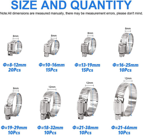 Glarks 100Pcs 8-44mm Range 304 Stainless Steel Worm Gear Hose Clamps Assortment Kit for Plumbing