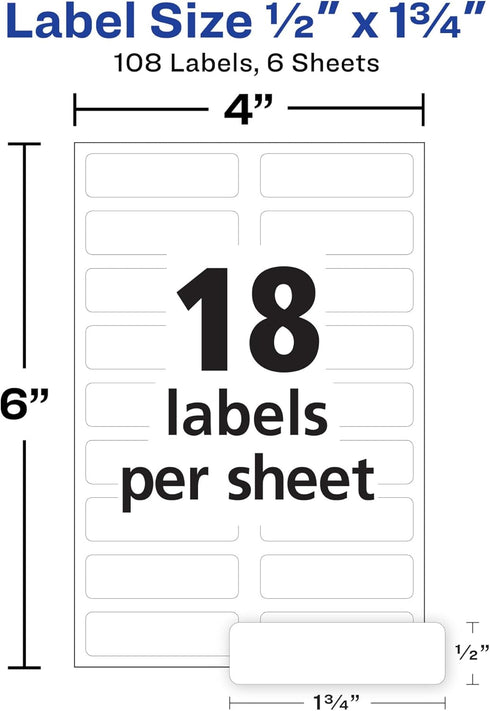 Avery No-Iron Fabric Labels, 1/2" x 1-3/4", Washer & Dryer-Safe, White, 54 Labels Per Pack, 2-Pack