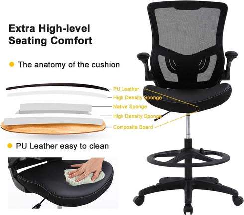 PayLessHere Drafting Chair Ergonomic Tall Office Chair Standing Desk Chair with Flip Up Arms Foot Rest Back Support