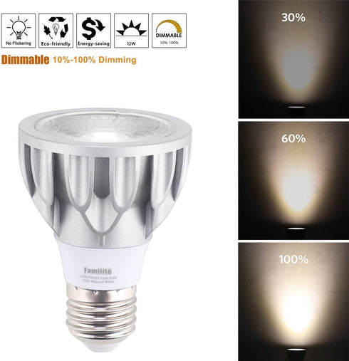 PAR20 LED Bulbs, 12W Dimmable Spot Light, 100W Halogen Equivalent, 36 Narrow Beam Angle, 4000K Natural White, E26 Medium Base for 4 Cans, Pack of 2 (Natural White) by Familite