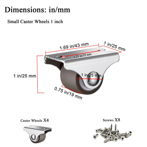 Mini Fixed Caster Wheels 1 Inch, Low Profile Small Casters with Screws for Furniture Rolling Cabinet Sliding Door