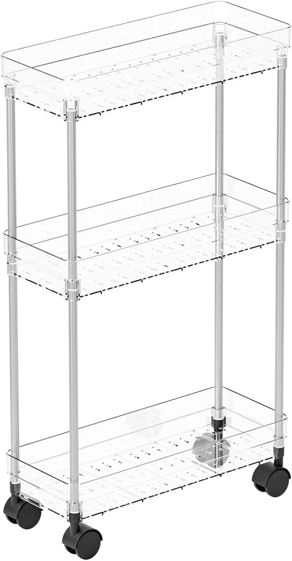 Yieach Clear 3 Tier Slim Rolling Storage Cart with Wheels,6.3W Thin Shelf,Bathroom Storage