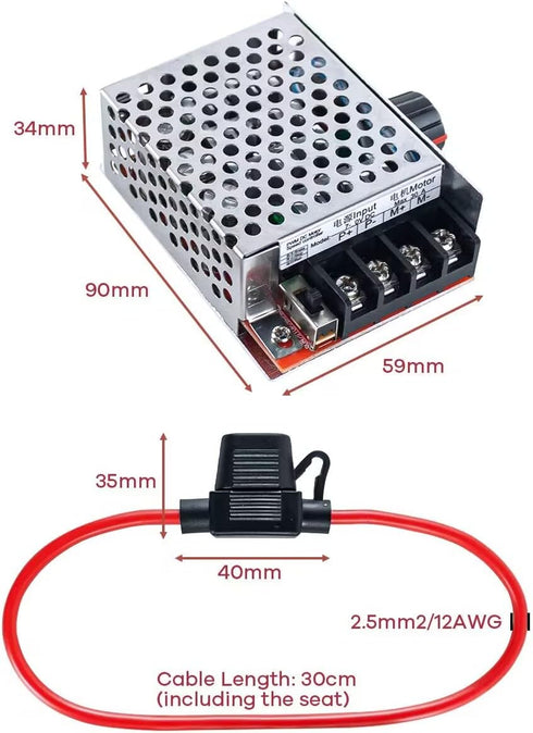 PWM Motor Speed Controller DC 7-70V 30A for 12V 24V 36V 48V with 30 Amp Fuse