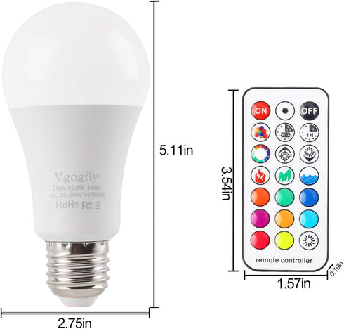 Bulbs 10W Bulb 5000k (2 Pack) Vgogfly RGB Led Light Color Changing Light with Remote Control Daylight White Remove