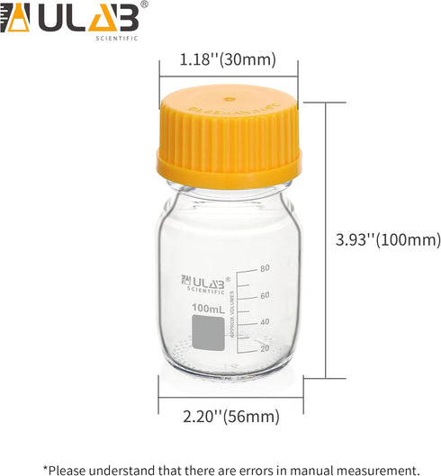 ULAB Round Media Storage Bottle, 100ml (3.4oz), 3.3 Borosilicate Glass, Pack of 12, GL45 Screw Cap