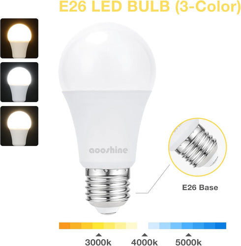 aooshine A60 E26 LED Light Bulb - 3 Color Temperatures (3000K/5000K/4000K), E26 Standard Medium Base, Non-Dimmable, 1 Pack, 120Volts 9Watts LED Bulbs for Table Lamp/Floor Lamp/Chandeliers by aooshine