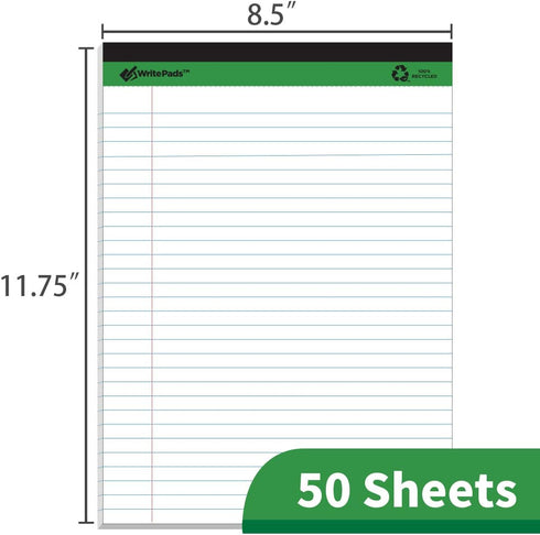 KAISA Legal Pads Writing Pads, Recycled Paper, 8.5"x11.75" Wide Ruled, 50 Sheets, Pack of 12 Pads, KSU-5293