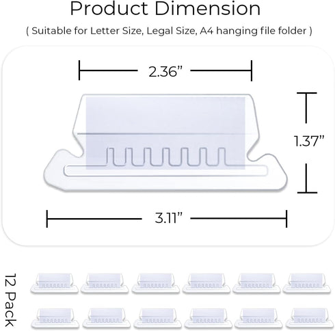 Y YOMA 12 Pack Plastic Hanging File Folder Tabs with Inserts, 1/5-Cut Adjustable Decorative Tab for Office Supplies,
