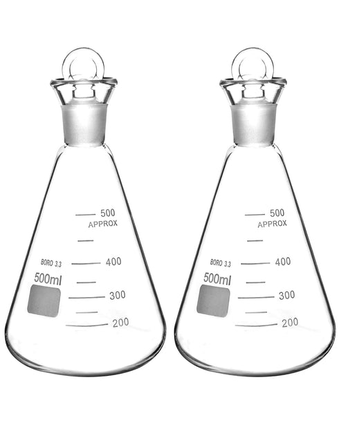 QWORK 500ml Iodine Flask with Stopper, 2 Pack Heavy Duty Borosilicate Glass Erlenmeyer Flask, Conical Shape