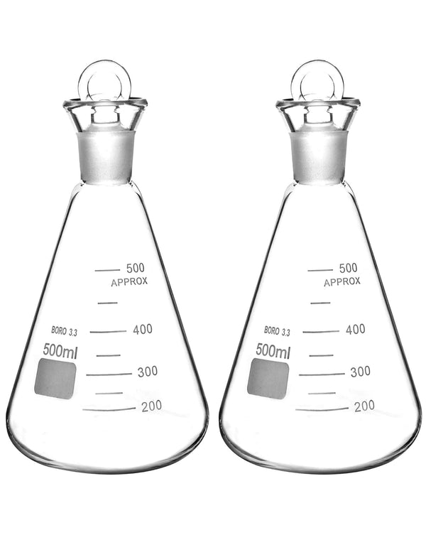 QWORK 500ml Iodine Flask with Stopper, 2 Pack Heavy Duty Borosilicate Glass Erlenmeyer Flask, Conical Shape