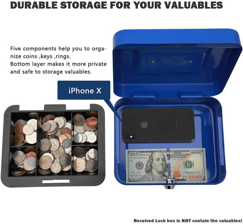 KYODOLED Cash Box with Money Tray, Storage Safe Lock Box with Key, Medium Blue Cash Drawer, 7.87"x6.30"x3.54"