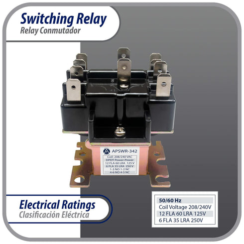 General Purpose Switching Relay APSWR-342, 90-342, 208-240 VAC Coil, DPDT for HVAC and Electrical Installations