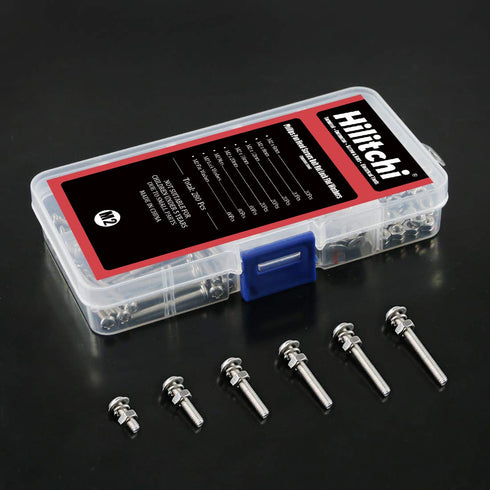 Hilitchi 300-Piece M2 Phillips Pan Head Screws, Bolt Nut Lock Flat Washers Assortment Kit, 304 Stainless Steel