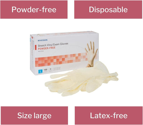 Stretch Vinyl Exam Gloves, Non-Sterile, Large, 100 Count by McKesson