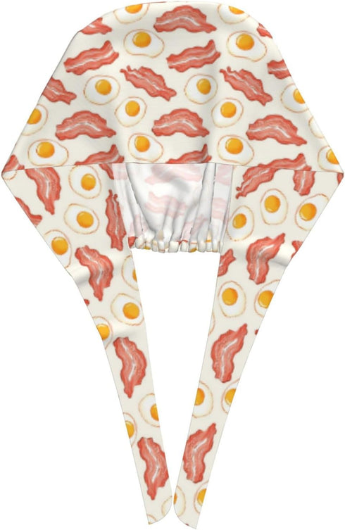 Nurse Scrub Cap Men Women with Buttons - Cartoon Bacon Egg Print Soft Comfy Surgical Cap, Adjustable Tie Back Scrub