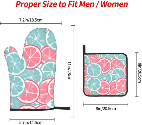 KUZEOLON Pink Blue Citrus Slices Two Heat-Resistant Gloves + one Pot lid mat, Suitable for Kitchen Grilling.