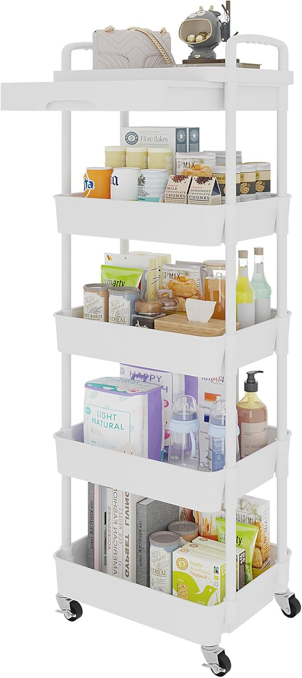Calmootey 5-Tier Rolling Utility Cart with Drawer, Multifunctional Storage Organizer with Plastic Shelf & Metal Wheels,