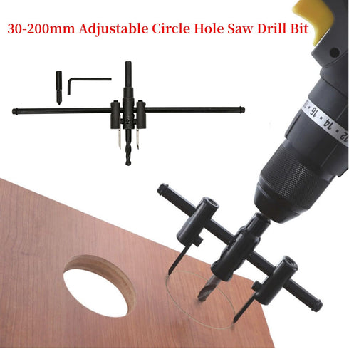Adjustable Circle Hole Saw Drill Bit Set, Cutter 30-200mm, Heavy Duty Wood DIY Woodworking Tool, Black