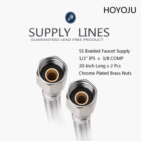 Braided Faucet Connector Supply Hose 1/2"-14NPSM Brass Nut X 3/8 Female Fitting, Stainless Steel Lead-Free 20-Inch Long