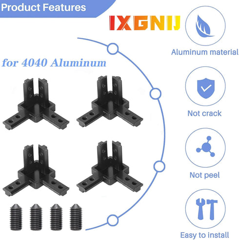 4Set 4040 3-Way End Corner Bracket with M6x12mm Screws for 4040 Aluminum Extrusion Accessories, Black