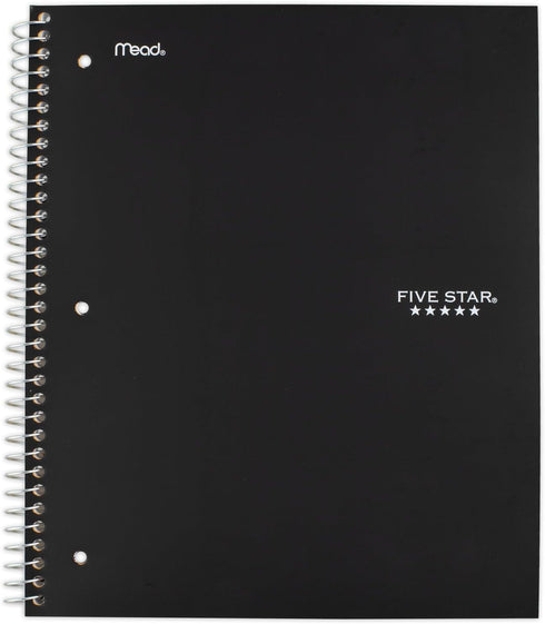 Five Star Spiral Notebook, 1 Subject, Wide Ruled, 100 Sheets, 8" x 10-1/2", Black, Water Resistant Cover, Fights Ink