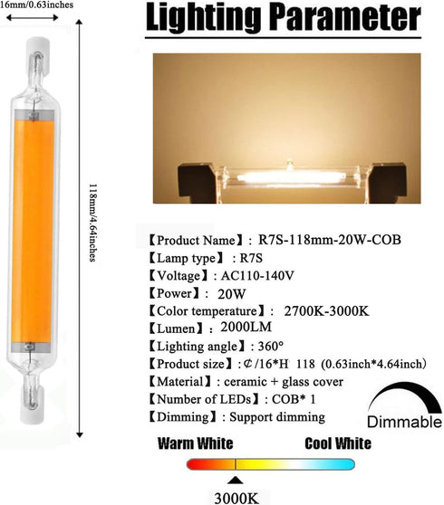 118mm 20W R7S LED Bulb (4 Pack) 200W Halogen Equivalent 118mm J-Type High Brightness 20W 120V R7S Base 3000K Warm White J Type T3 118mm Double Ended Flood Light 360 Beam Angle Landscape L by Edearkar