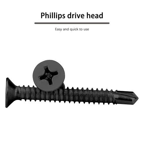 #10 x 1-1/2" Phillips Flat Head Self Drilling Screws - 35Pcs Black Zinc Plated Carbon Steel Countersunk Flat Head Wood