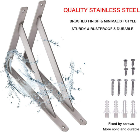 14" 550lb Pack 2 YUMORE Stainless Steel Shelf Bracket, Max Load: Heavy Duty Solid Shelf Support Corner Brace Joint