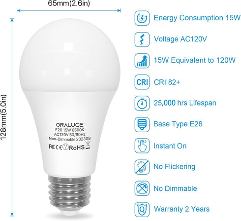 ORALUCE LED Light Bulbs 100 Watt - 120 Watt Equivalent, 15W 1600 Lumens 6500K Cool White LED Bulbs, E26 Medium Base, Non-Dimmable, UL Listed, 6Pack by ORALUCE