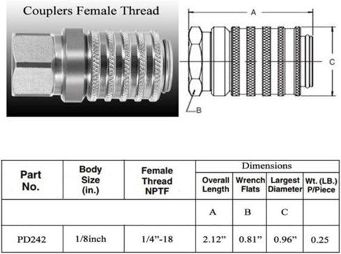 PD242 1/8" 1/4" 18 2.12" Series PD Steel Test Port and Diagnostic Equipment Quick Coupler with Female Pipe Thread, Body