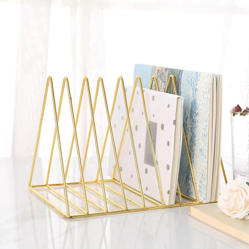 Sooyee 9 Slot Gold Magazine Holder, Desktop File Sorter Organizer, Triangle Bookshelf Decor for Home Office