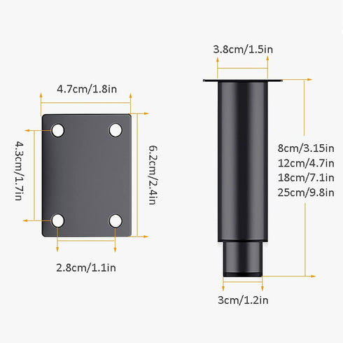 TXGJWRA 4 Screws,Black-18cm,Black-18cm(7.1in) pcs Furniture Legs,Support Feet,Height Adjustable,Replacement Sofa,TV