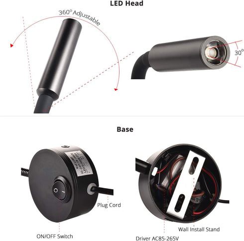 Black Bed Reading Lamps Sconce Wall Mounted Working Focus Light Bedside Headboard Flexible Gooseneck Corded Home Hotel