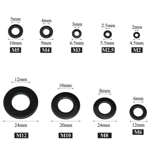 Black Zinc Plated Alloy Steel Flat Washers Set, 580 Pieces in 9 Sizes - M2 M2.5 M3 M4 M5 M6 M8 M10 M12