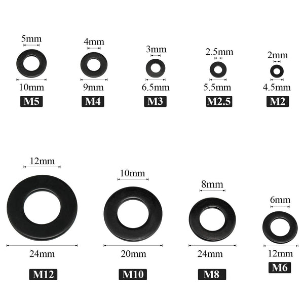 Black Zinc Plated Alloy Steel Flat Washers Set, 580 Pieces in 9 Sizes - M2 M2.5 M3 M4 M5 M6 M8 M10 M12